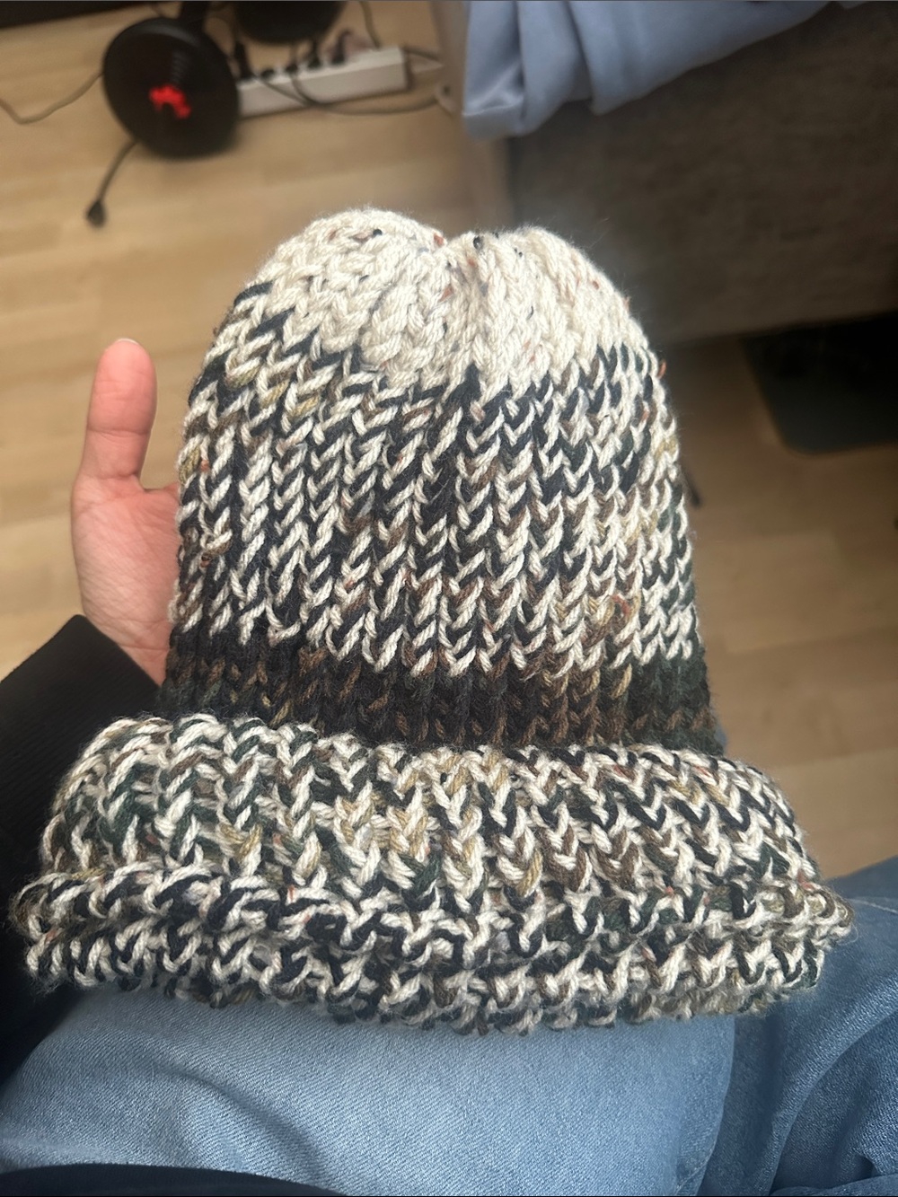 Chunky Knit Beanie in Cream, Black & Brown